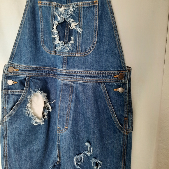 American Apparel Tomgirls 100% Cotton Distress Denim Blue Jeans Overalls Size L - Picture 8 of 15